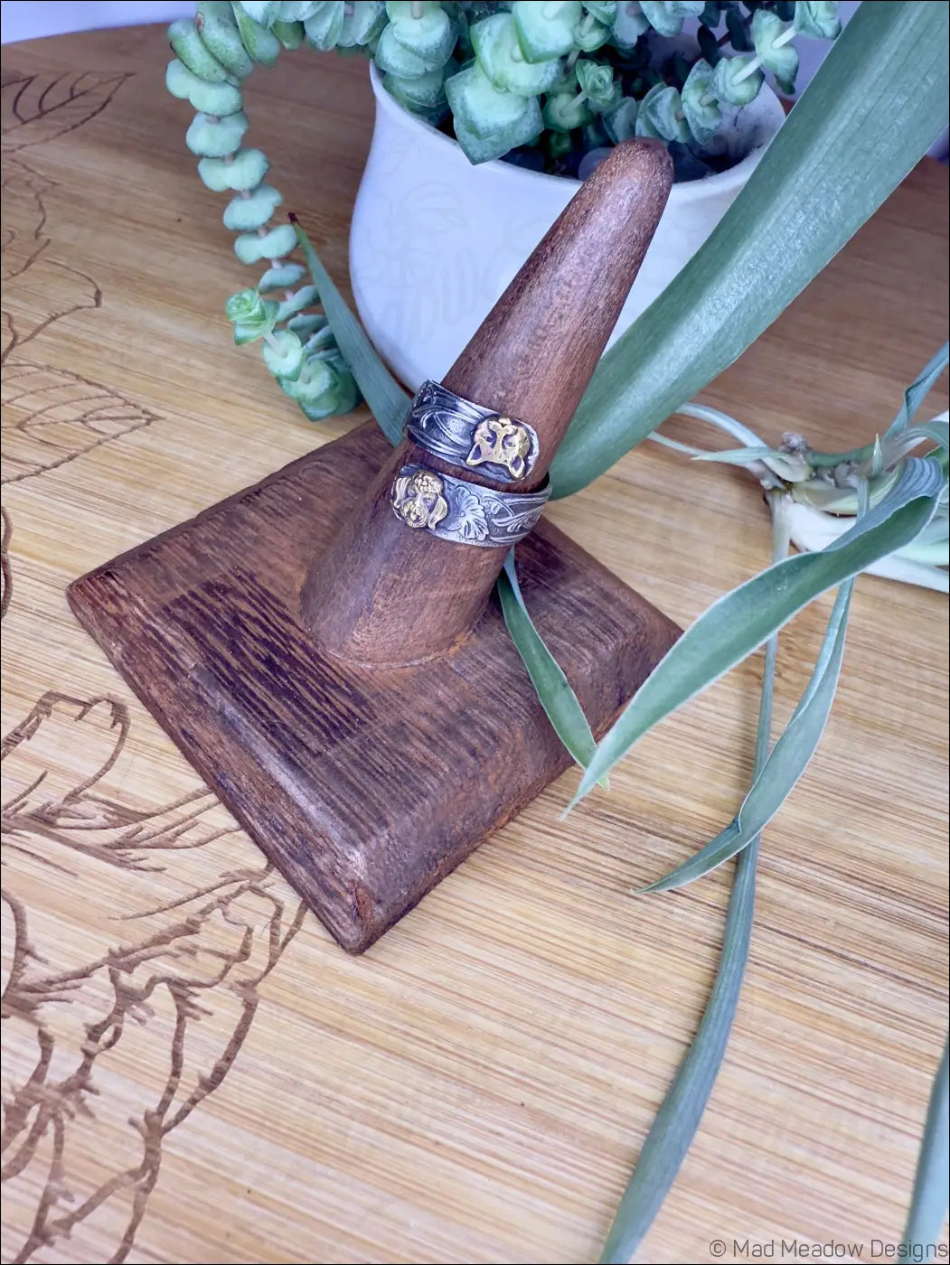 Wide Sterling Silver Adjustable Wrap Ring with Brass Animal and Insect Accents - Jewelry