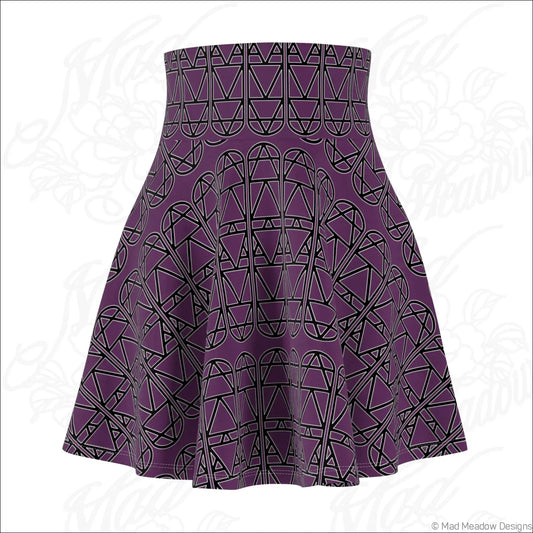 Purple a-line skater skirt with high waist and black geometric column repeat pattern care instructions hand wash