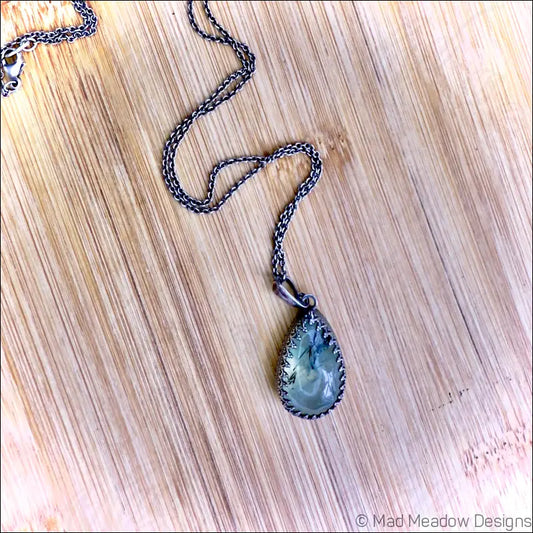 Prehnite w/ Epidote Pear Sterling Silver Gallery Wire Pendant Necklace - Jewelry