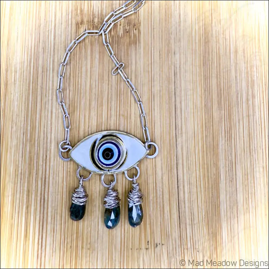 Evil Eye with Blue Kyanite tears in Sterling Silver with Brass and Colored Resin Accents - Jewelry