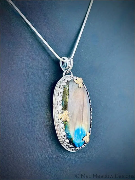 Labradorite Sterling Silver Pendant with 3 Brass Bees - Jewelry