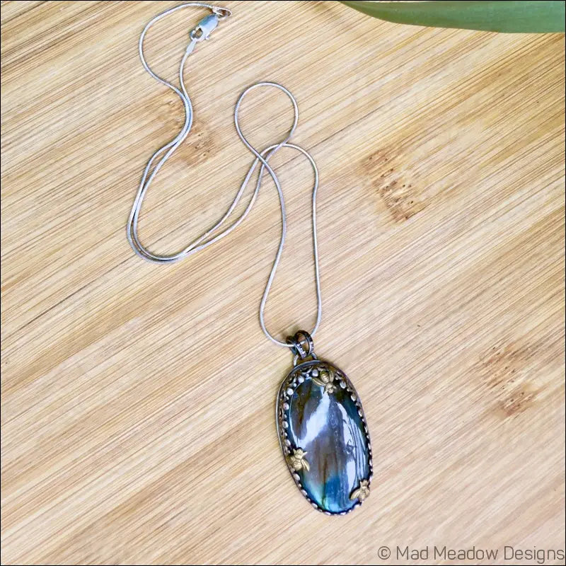 Labradorite Sterling Silver Pendant with 3 Brass Bees - Jewelry