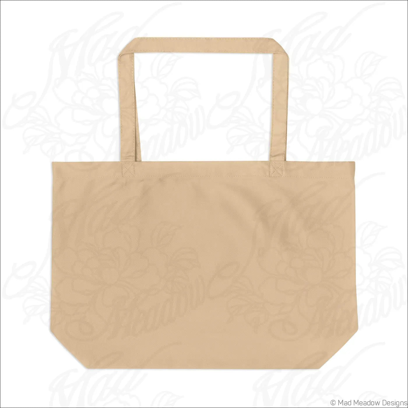 Beige canvas tote bag with sturdy handles made from organic cotton featuring a flaming bay leaf design and care instructions