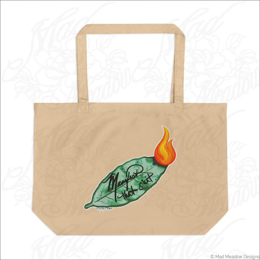 Beige organic cotton tote bag with green bay leaf and orange flame graphic and mangosteen hot slut text in black cursive