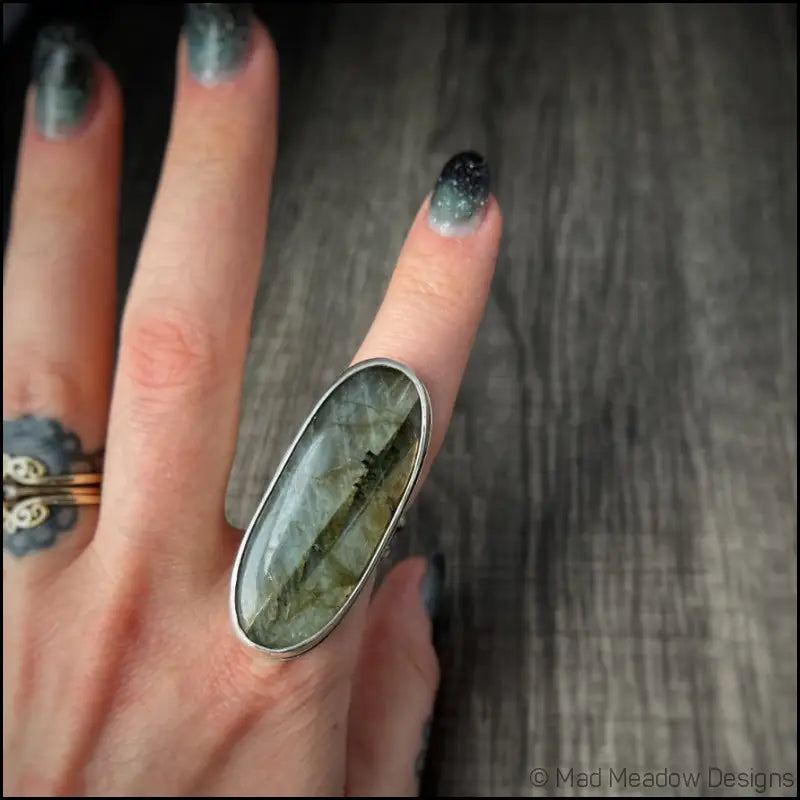 Beautiful Flashy Labradorite Large 20x50 Cabochon sterling Silver Statement Ring - Jewelry