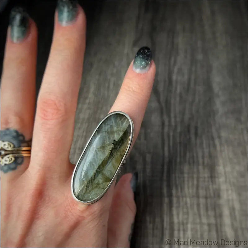 Beautiful Flashy Labradorite Large 20x50 Cabochon sterling Silver Statement Ring - Jewelry