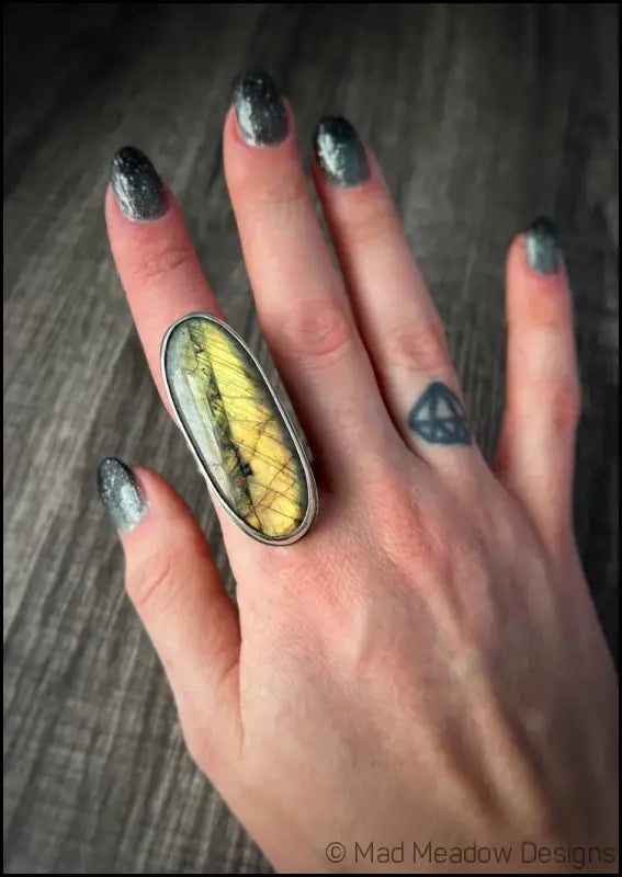 Beautiful Flashy Labradorite Large 20x50 Cabochon sterling Silver Statement Ring - Jewelry