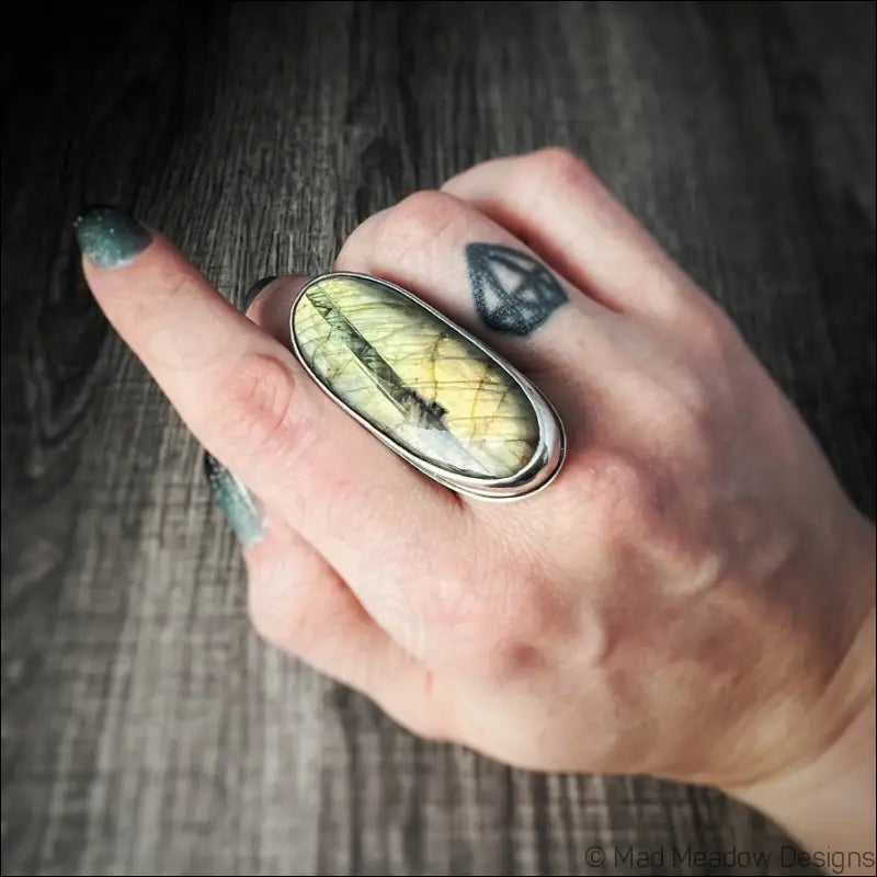 Beautiful Flashy Labradorite Large 20x50 Cabochon sterling Silver Statement Ring - Jewelry