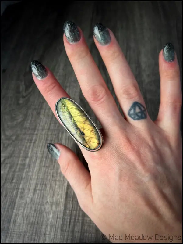 Beautiful Flashy Labradorite Large 20x50 Cabochon sterling Silver Statement Ring - Jewelry