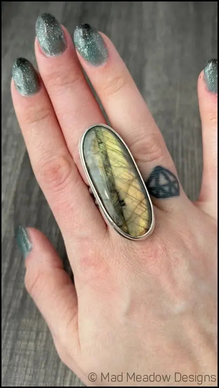 Beautiful Flashy Labradorite Large 20x50 Cabochon sterling Silver Statement Ring - Jewelry
