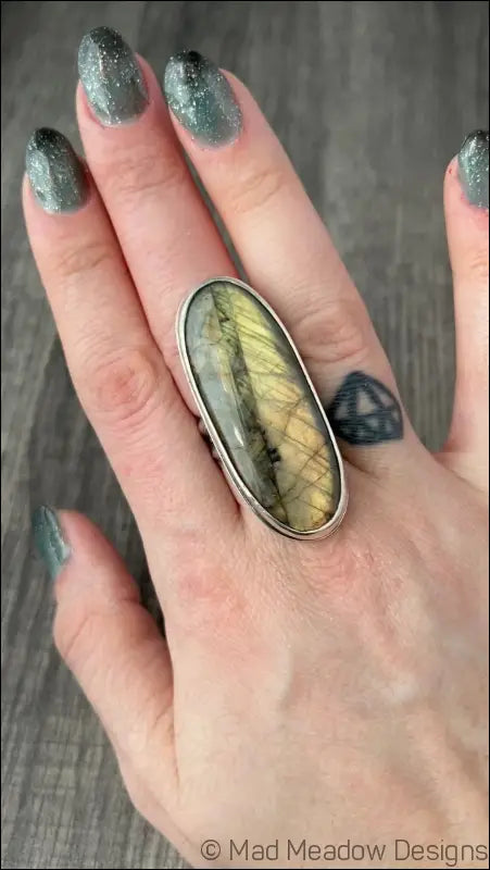 Beautiful Flashy Labradorite Large 20x50 Cabochon sterling Silver Statement Ring - Jewelry
