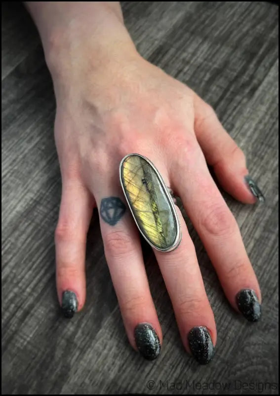 Beautiful Flashy Labradorite Large 20x50 Cabochon sterling Silver Statement Ring - Jewelry