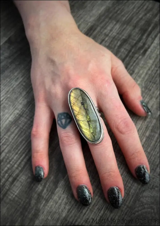 Beautiful Flashy Labradorite Large 20x50 Cabochon sterling Silver Statement Ring - Jewelry