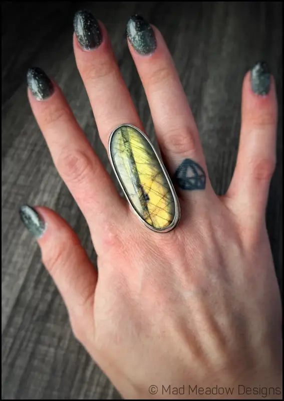 Beautiful Flashy Labradorite Large 20x50 Cabochon sterling Silver Statement Ring - Jewelry
