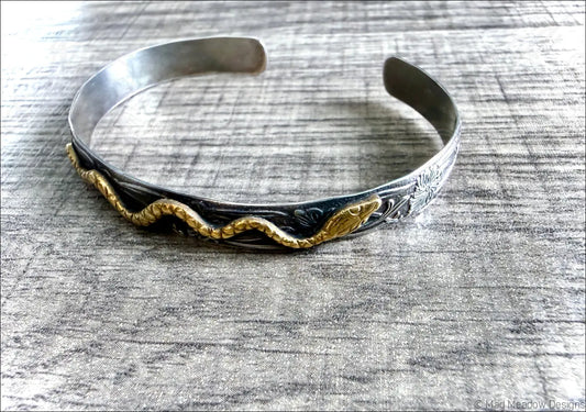 Floral Sterling Silver and Brass Snake Cuff Bracelet - Jewelry