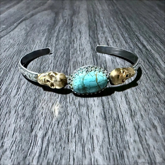 Floral Sterling Silver Cuff Bracelet with Brass Skulls and Turquoise Stone - Bracelet