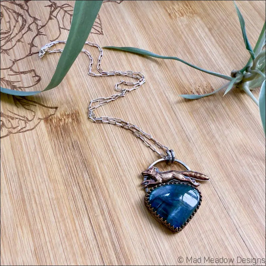 Running Fox Labradorite Sterling Silver Pendant with Brass Details on 18’’ Beveled Cable Chain - Jewelry