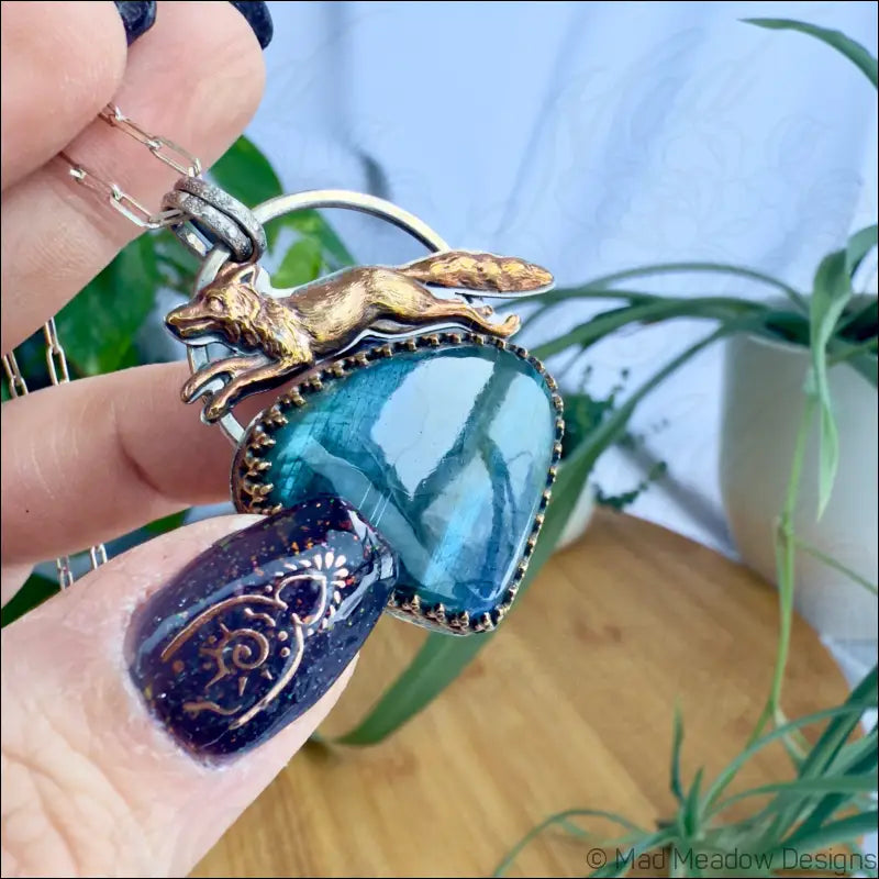 Running Fox Labradorite Sterling Silver Pendant with Brass Details on 18’’ Beveled Cable Chain - Jewelry
