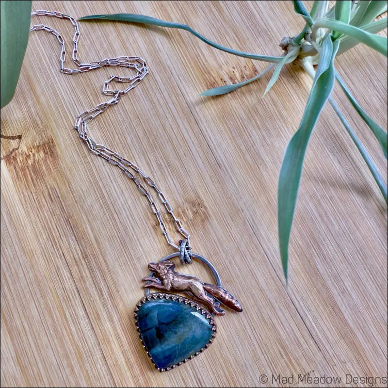 Running Fox Labradorite Sterling Silver Pendant with Brass Details on 18’’ Beveled Cable Chain - Jewelry