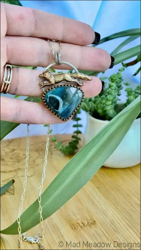 Running Fox Labradorite Sterling Silver Pendant with Brass Details on 18’’ Beveled Cable Chain - Jewelry