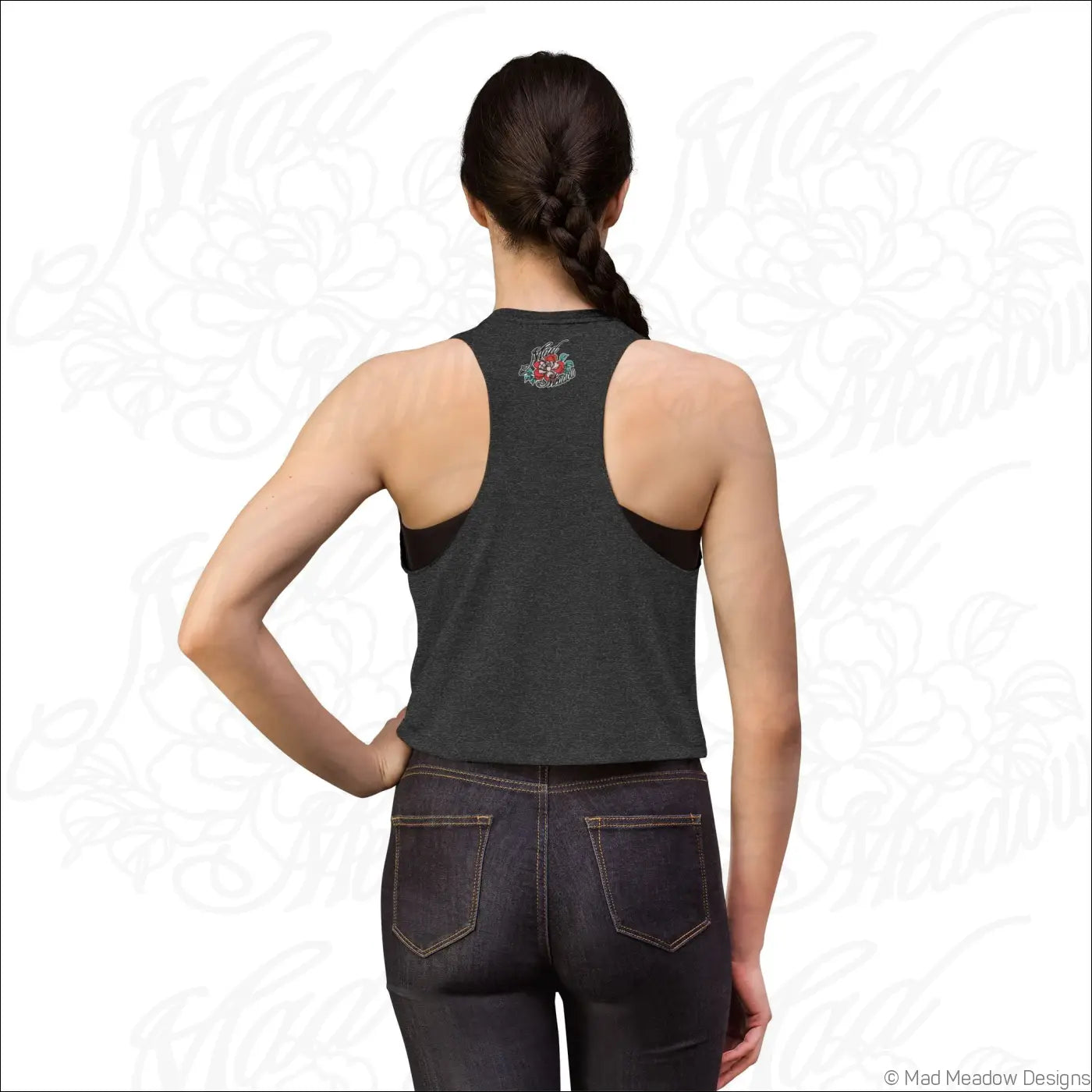 Dark gray racerback crop top with small floral embroidery on back made of soft combed ring spun cotton