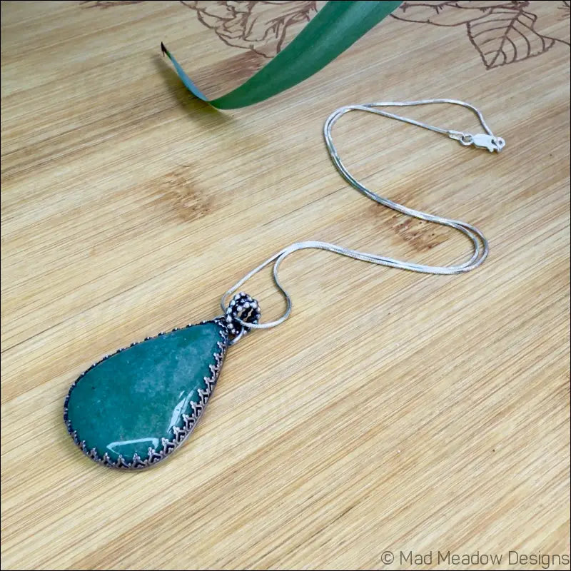 Green Aventurine Sterling Silver Drop Pendant Necklace on 18’’ Snake Chain - Jewelry
