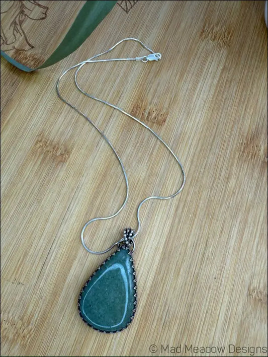 Green Aventurine Sterling Silver Drop Pendant Necklace on 18’’ Snake Chain - Jewelry