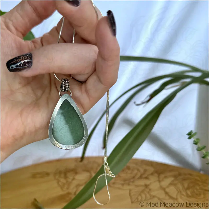 Green Aventurine Sterling Silver Drop Pendant Necklace on 18’’ Snake Chain - Jewelry