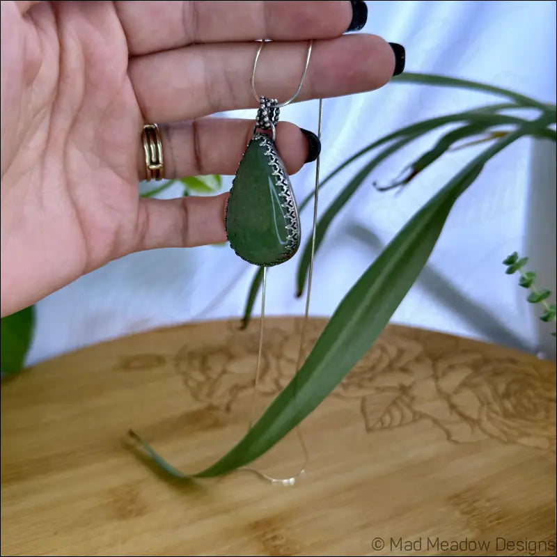 Green Aventurine Sterling Silver Drop Pendant Necklace on 18’’ Snake Chain - Jewelry