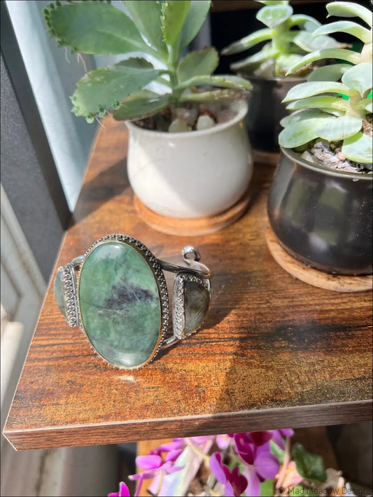 Serpentine and Labradorite Bold Witchy Sterling Silver and Brass Statement Cuff Bracelet - Jewelry