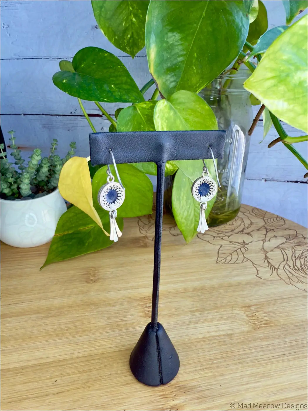 Labradorite Sterling Silver Earrings with Hammered Accent Dangles - Jewelry