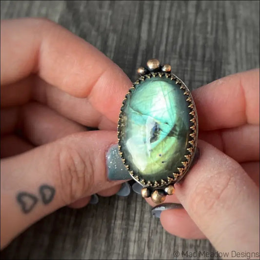 Large and Lovely Labradorite Sterling Silver Statement Ring with Yellow Brass Size 8 1/4 - Jewelry