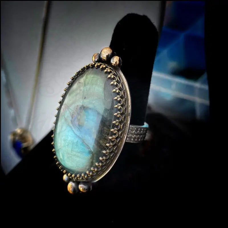 Large and Lovely Labradorite Sterling Silver Statement Ring with Yellow Brass Size 8 1/4 - Jewelry