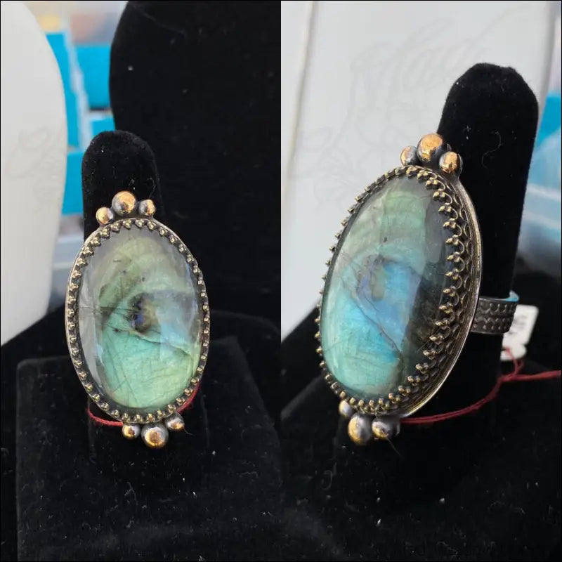 Large and Lovely Labradorite Sterling Silver Statement Ring with Yellow Brass Size 8 1/4 - Jewelry
