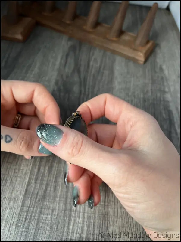 Large and Lovely Labradorite Sterling Silver Statement Ring with Yellow Brass Size 8 1/4 - Jewelry
