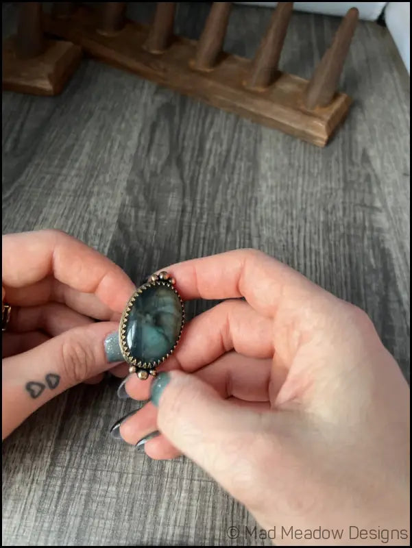 Large and Lovely Labradorite Sterling Silver Statement Ring with Yellow Brass Size 8 1/4 - Jewelry