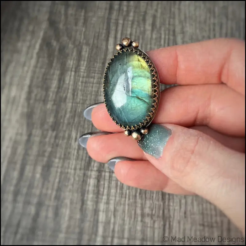 Large and Lovely Labradorite Sterling Silver Statement Ring with Yellow Brass Size 8 1/4 - Jewelry