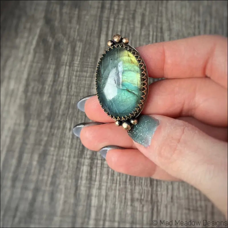 Large and Lovely Labradorite Sterling Silver Statement Ring with Yellow Brass Size 8 1/4 - Jewelry