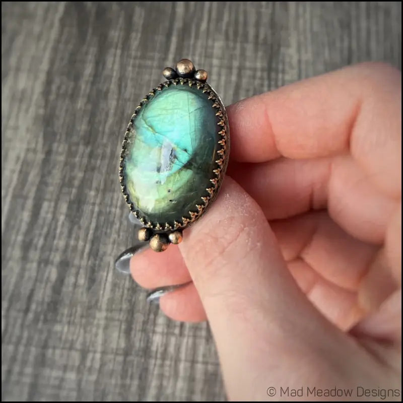 Large and Lovely Labradorite Sterling Silver Statement Ring with Yellow Brass Size 8 1/4 - Jewelry