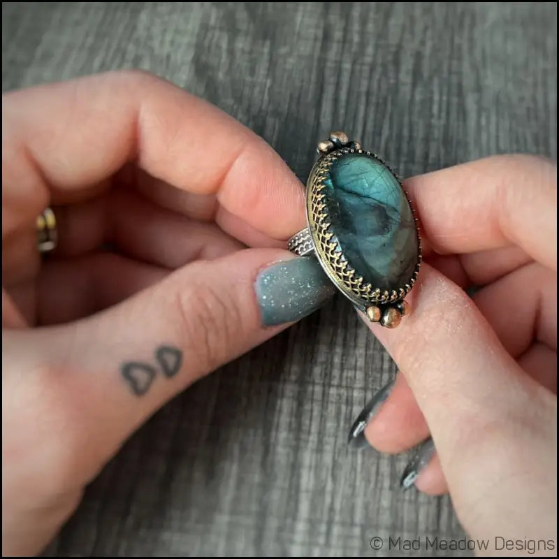 Large and Lovely Labradorite Sterling Silver Statement Ring with Yellow Brass Size 8 1/4 - Jewelry