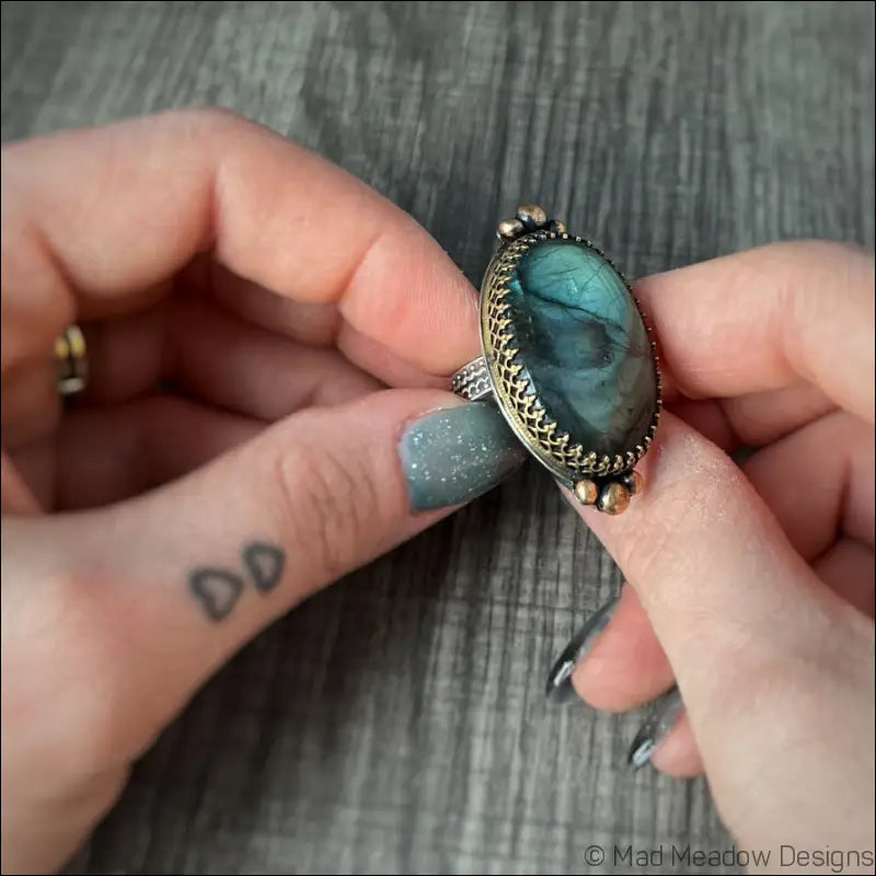 Large and Lovely Labradorite Sterling Silver Statement Ring with Yellow Brass Size 8 1/4 - Jewelry