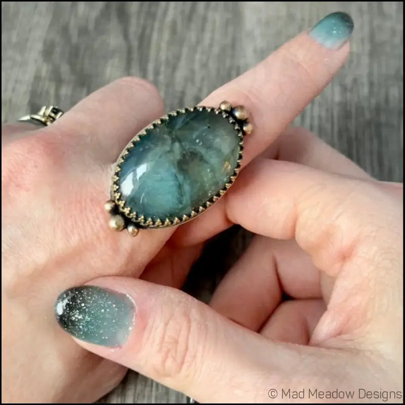 Large and Lovely Labradorite Sterling Silver Statement Ring with Yellow Brass Size 8 1/4 - Jewelry