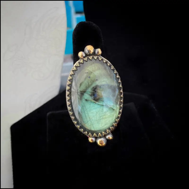 Large and Lovely Labradorite Sterling Silver Statement Ring with Yellow Brass Size 8 1/4 - Jewelry