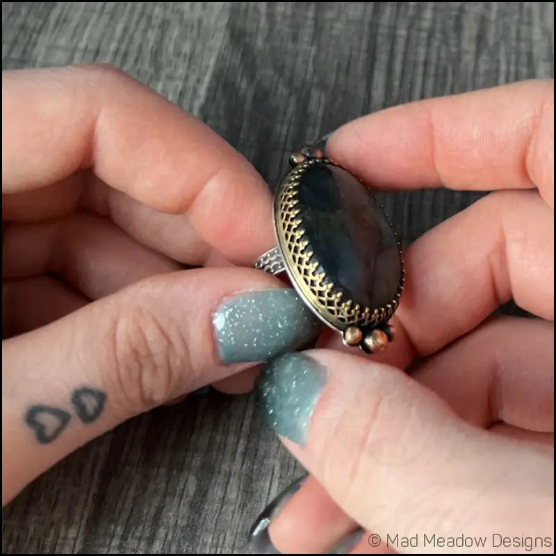 Large and Lovely Labradorite Sterling Silver Statement Ring with Yellow Brass Size 8 1/4 - Jewelry