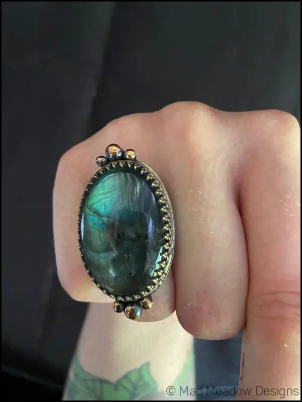 Large and Lovely Labradorite Sterling Silver Statement Ring with Yellow Brass Size 8 1/4 - Jewelry