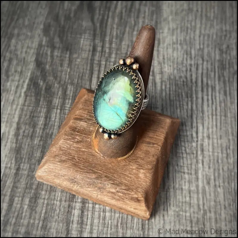 Large and Lovely Labradorite Sterling Silver Statement Ring with Yellow Brass Size 8 1/4 - Jewelry