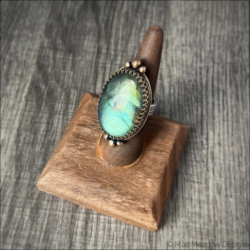 Large and Lovely Labradorite Sterling Silver Statement Ring with Yellow Brass Size 8 1/4 - Jewelry