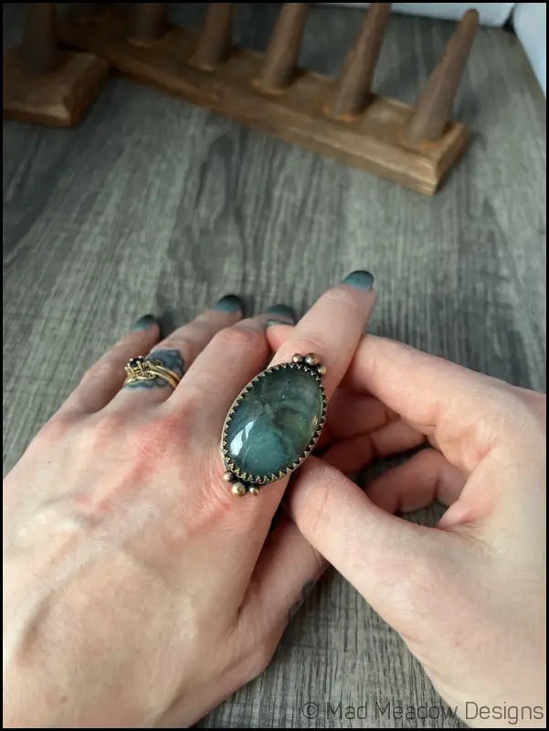 Large and Lovely Labradorite Sterling Silver Statement Ring with Yellow Brass Size 8 1/4 - Jewelry