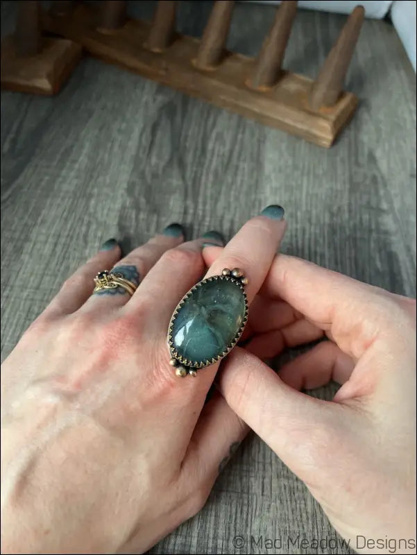 Large and Lovely Labradorite Sterling Silver Statement Ring with Yellow Brass Size 8 1/4 - Jewelry