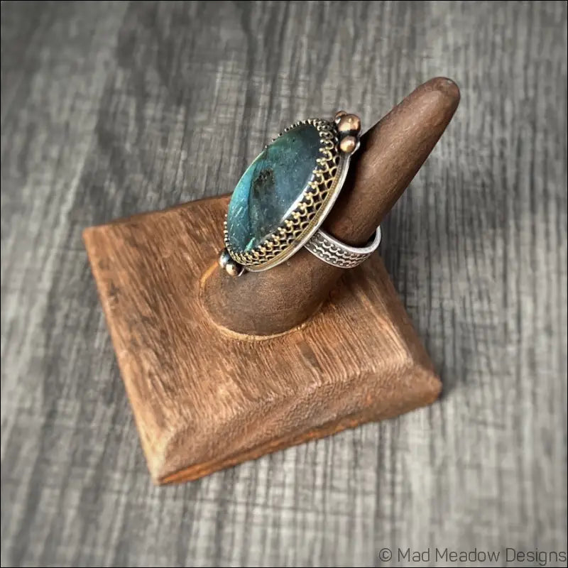 Large and Lovely Labradorite Sterling Silver Statement Ring with Yellow Brass Size 8 1/4 - Jewelry